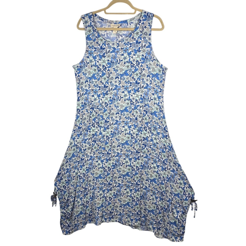 Water‎ Lily Blue Floral Rayon Sleeveless Pocket Midi Dress XL Cinch Hem Boho